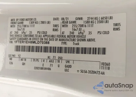 2021 Ford Ranger Xl z USA, uszkodzony, nr VIN 1FTER1EH8MLD70388